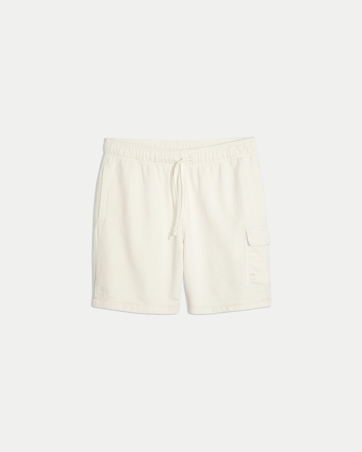 Men's 8 inch cargo short in color off-white with a relaxed fit in jersey cotton.