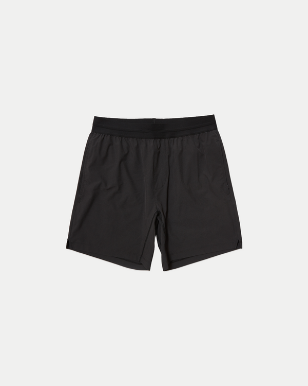 Men's 7 inch lined training short in black with moisture wicking technology. 