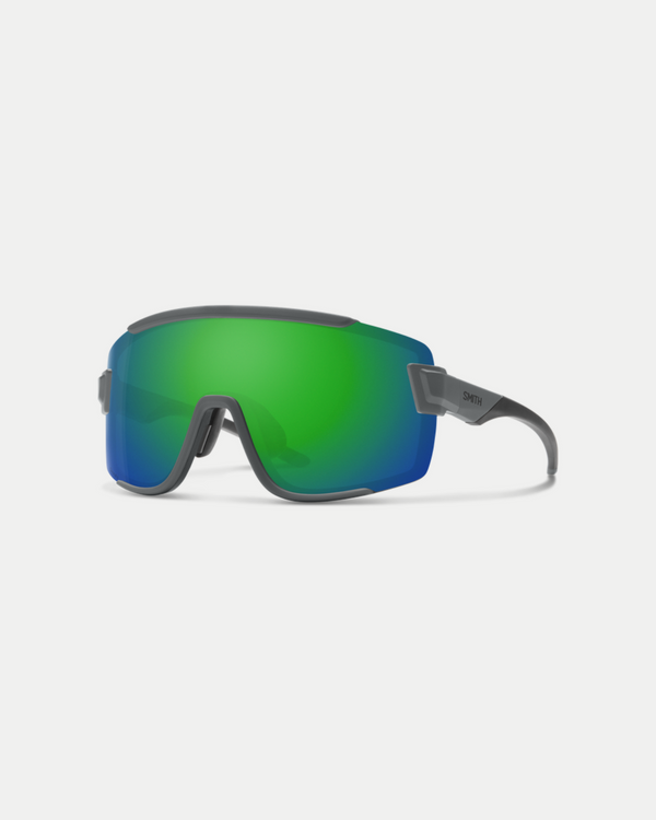 Men's active sunglasses that offer protection and have the coverage of goggles. An easy-to-wear style with a no slip nose piece in matte grey/green mirror.