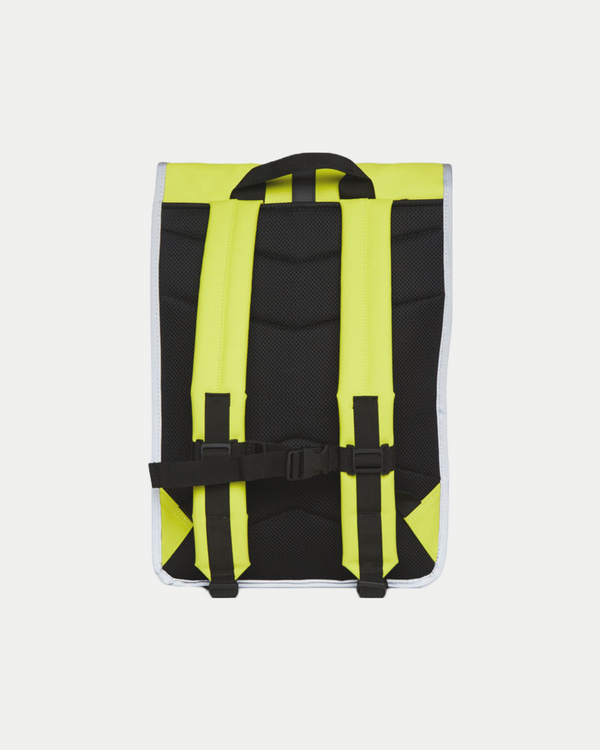 Minimalistic, waterproof backpack with a secure rolltop closure in lime green with reflective details