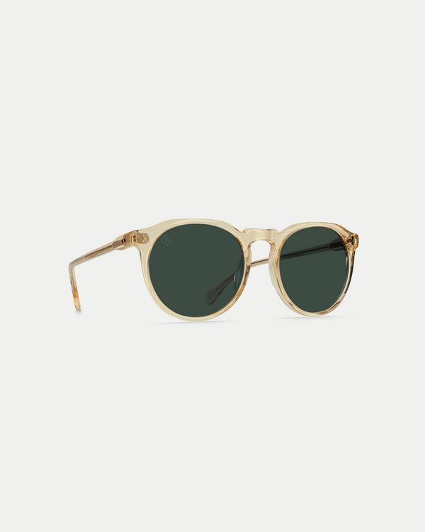 Men's polarized sunglasses inspired by retro round sunglasses in champagne crystal/green with 100% UVA/UVB protection.