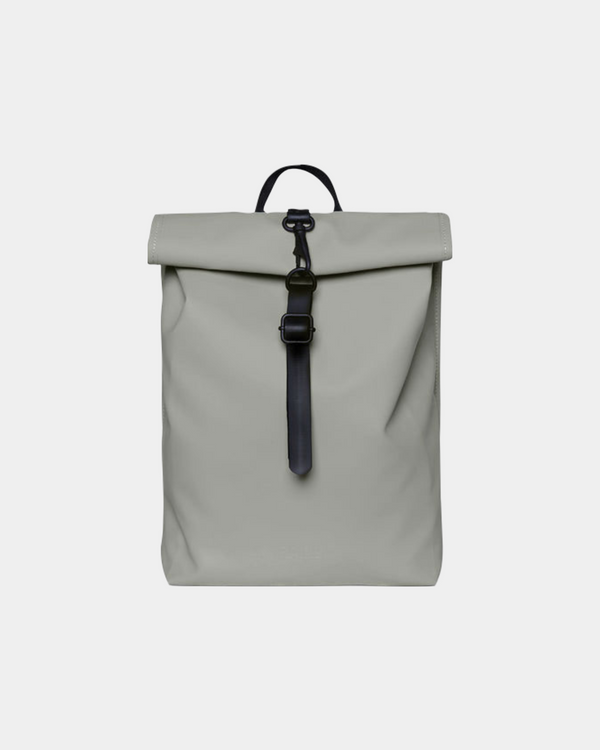 Minimalistic, waterproof backpack with a secure rolltop closure in cement grey