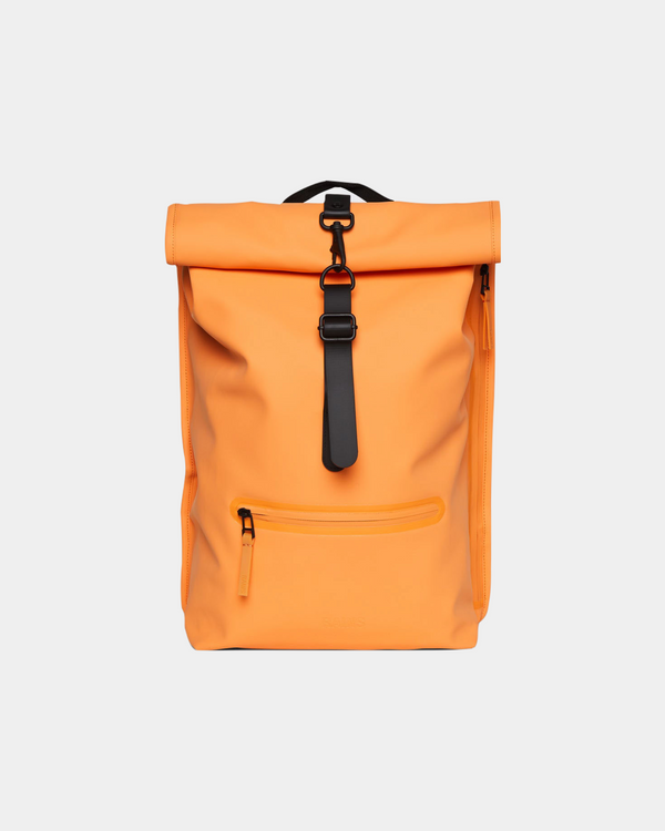 Minimalistic, waterproof backpack with a secure rolltop closure in neon orange with black details 