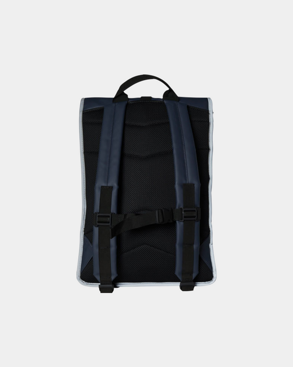 Minimalistic, waterproof backpack with a secure rolltop closure in navy blue with reflective details