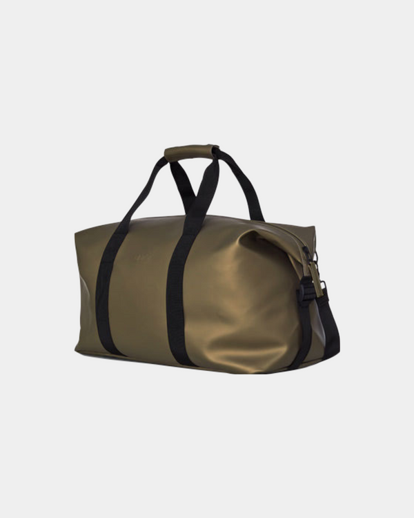 Waterproof, minimalistic duffel bag with a single main compartment in metallic bronze