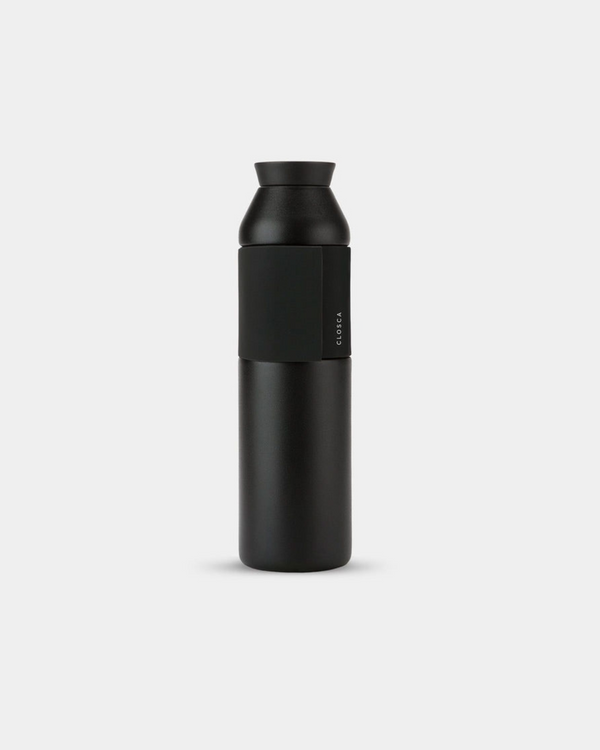 20oz Reusable thermos bottle in black. Patented silicone flap making it hands free with a soft touch.