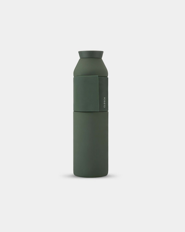 20oz Reusable thermos bottle in hunter green. Patented silicone flap making it hands free with a soft touch.
