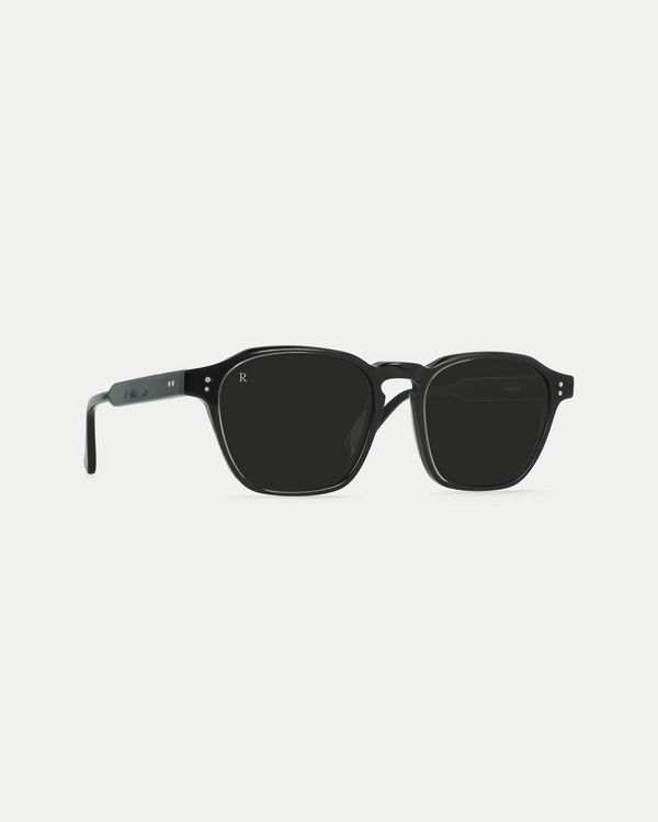 Men's modern sunglasses with an angular frame, and a slightly narrow fit in crystal black.