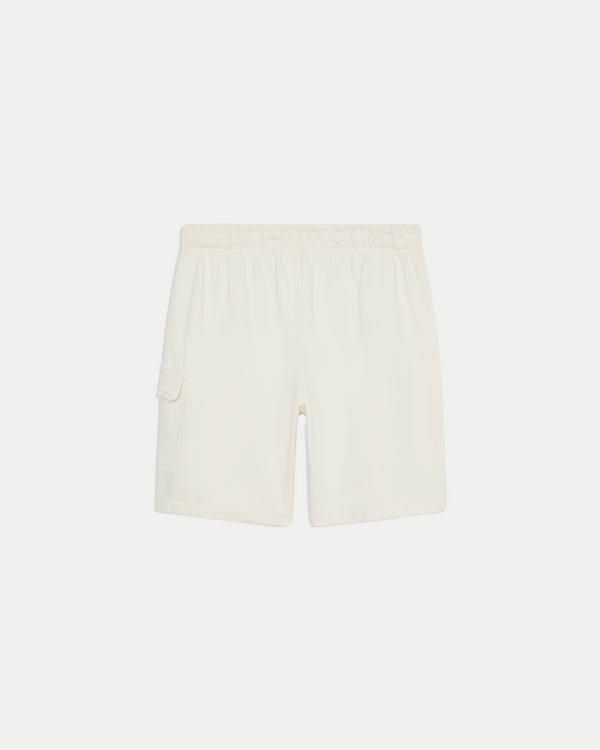 Men's 8 inch cargo short in color off-white with a relaxed fit in jersey cotton.