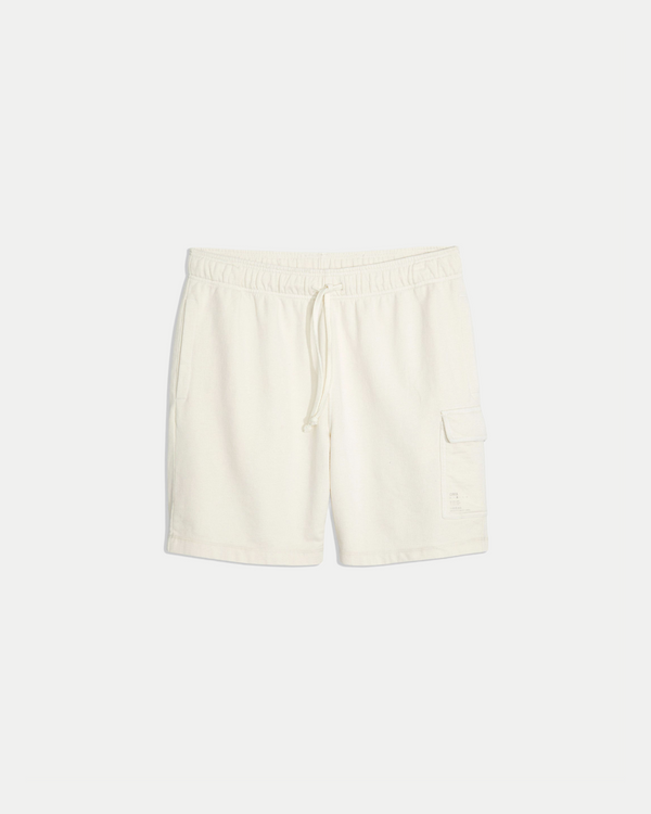 Men's 8 inch cargo short in color off-white with a relaxed fit in jersey cotton.  