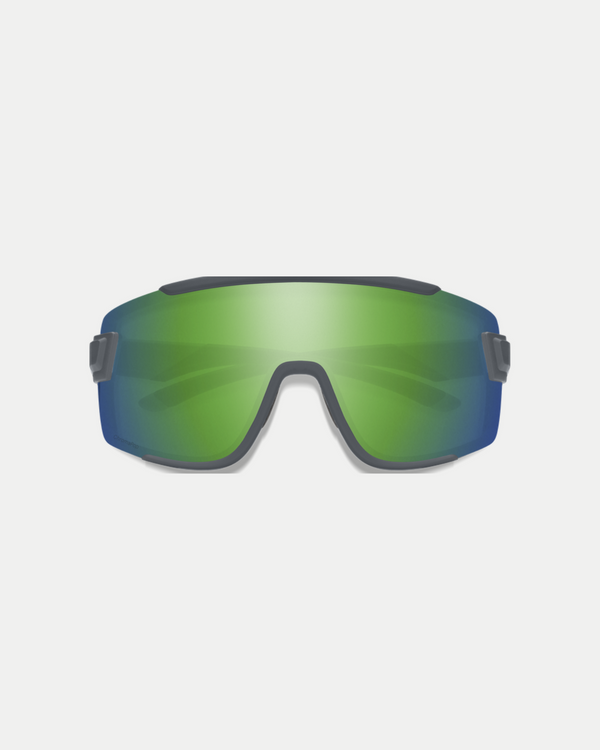 Men's active sunglasses that offer protection and have the coverage of goggles. An easy-to-wear style with a no slip nose piece in matte grey/green mirror.
