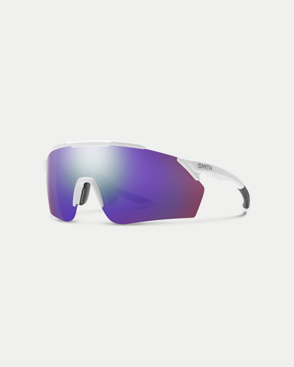 Men's performance sunglasses with a medium to large fit and a lens thats adds enhanced color and detail to your view. Flexible nose bridge and a raised brow. Color matte white/violet mirror