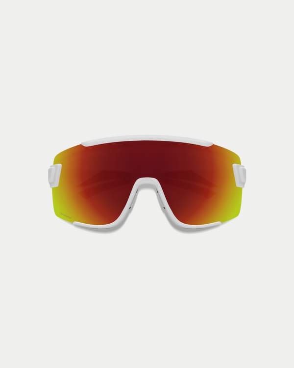 Men's active sunglasses that offer protection and have the coverage of goggles. An easy-to-wear style with a no slip nose piece in matte white/red.