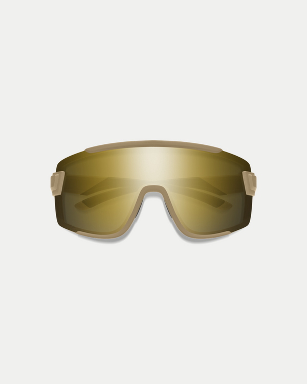 Men's active sunglasses that offer protection and have the coverage of goggles. An easy-to-wear style with a no slip nose piece in metallic gold/black