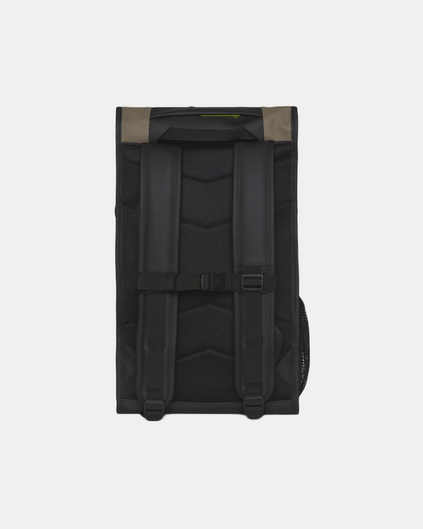 Waterproof, functional and sporty designed mountain backpack in two-toned black/wood