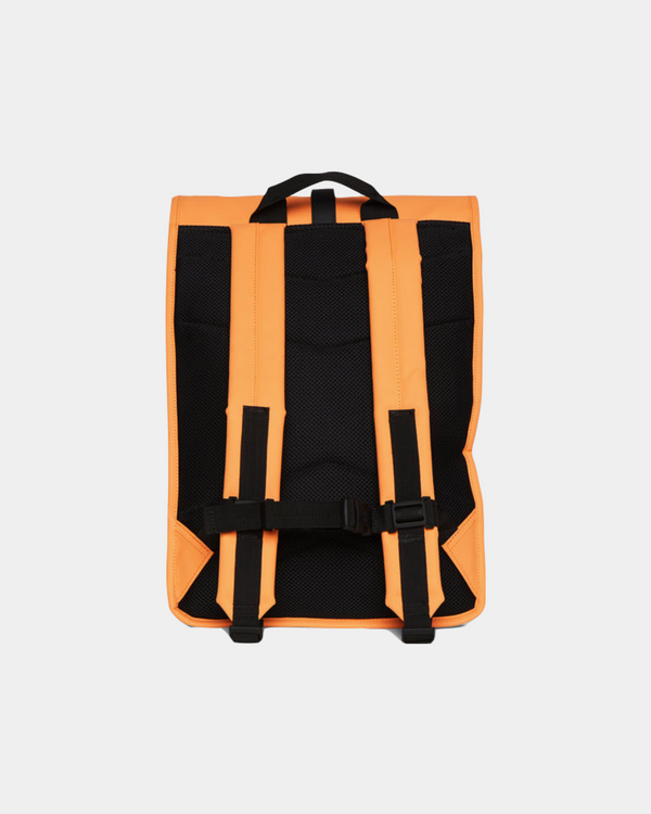 Minimalistic, waterproof backpack with a secure rolltop closure in neon orange with black details
