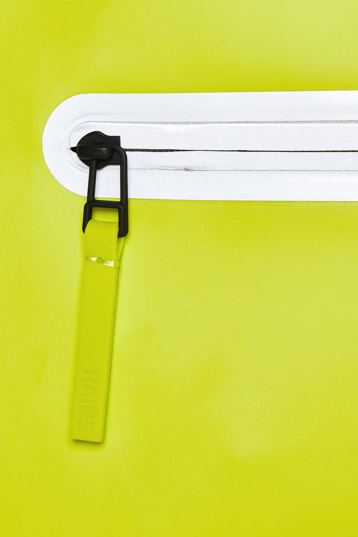 Minimalistic, waterproof backpack with a secure rolltop closure in lime green with reflective details