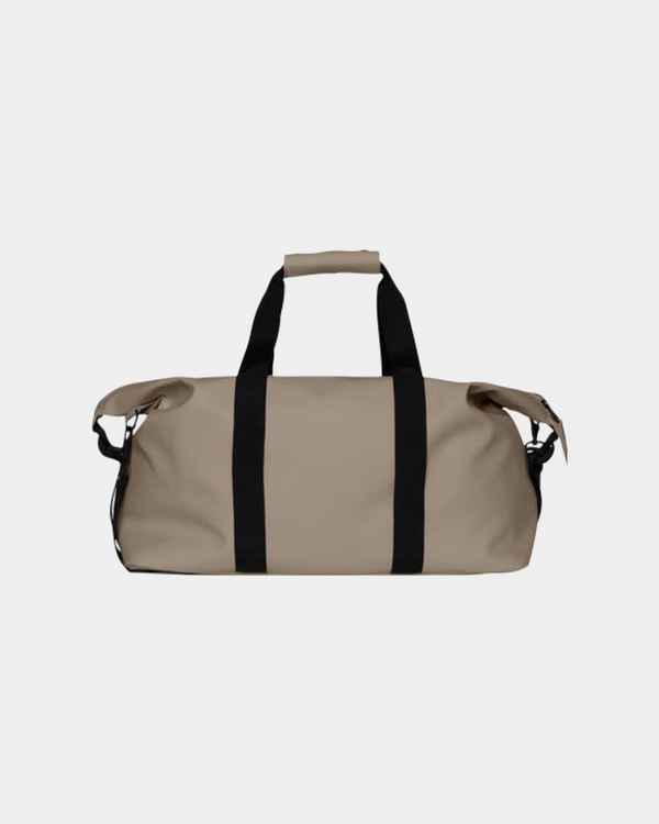 Waterproof, minimalistic duffel bag with a single main compartment in taupe