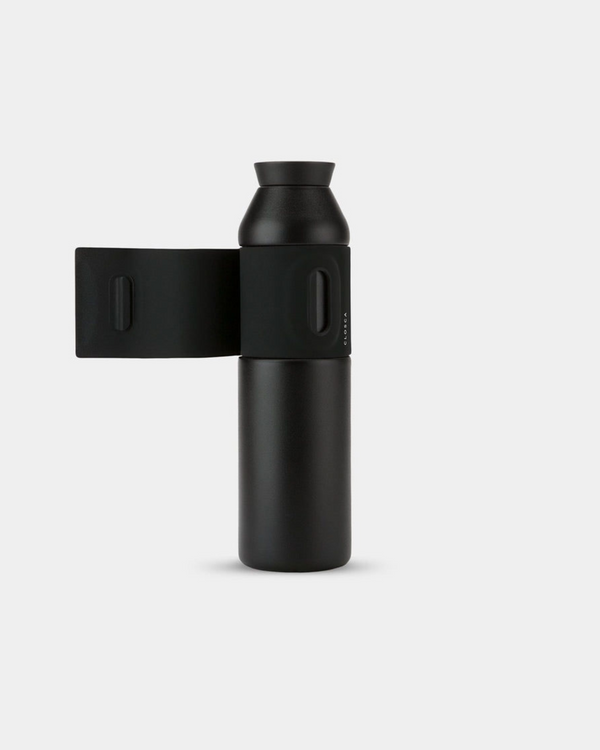 20oz Reusable thermos bottle in black. Patented silicone flap making it hands free with a soft touch.