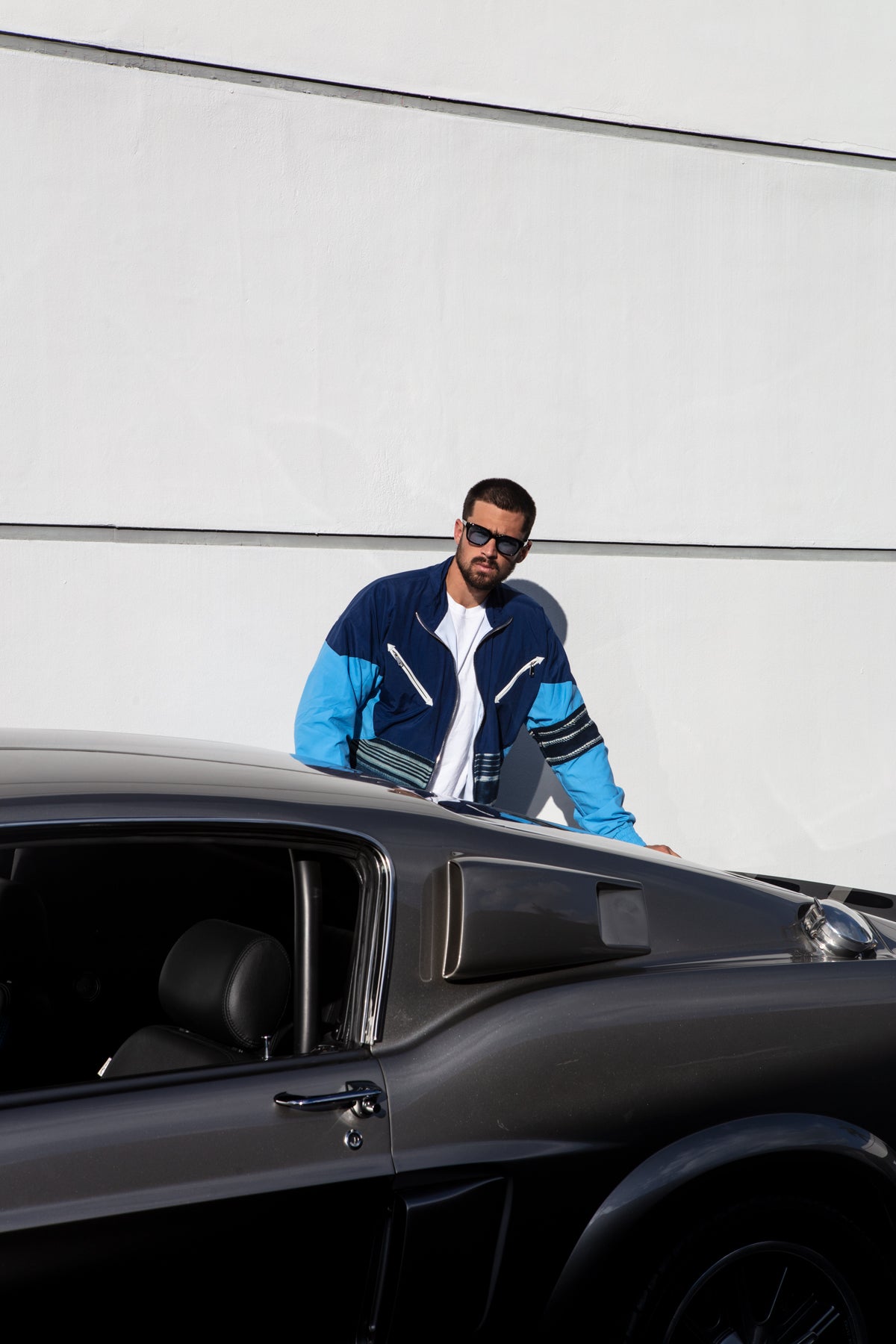 Men's slim fit tracksuit jacket with mixed materials in multi-blue.