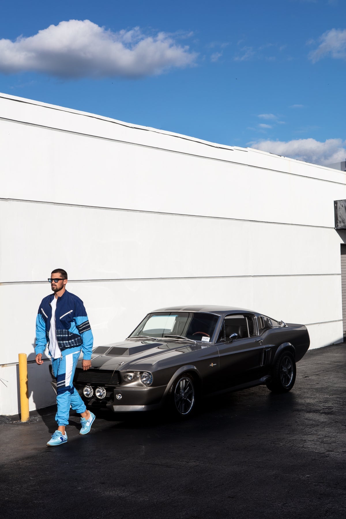 Men's slim fit tracksuit joggers in multi-blue.