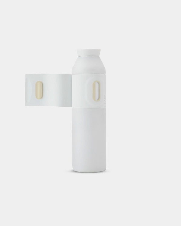 20oz Reusable thermos bottle in white. Patented silicone flap making it hands free with a soft touch.